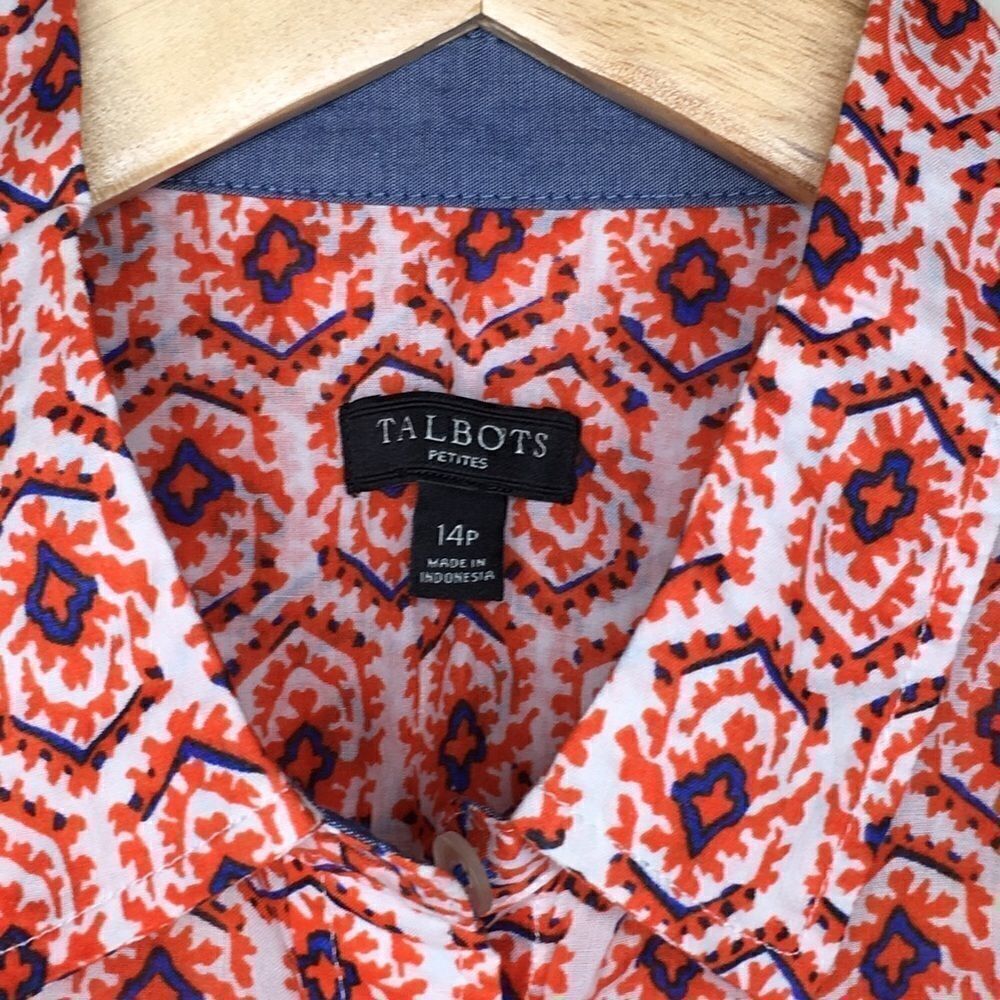 Talbots Sz 14p Red Print Button Up Blouse - image 3